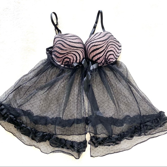 Victoria's Secret Other - Victoria's Secret Pink and Black Mesh Babydoll Chemise